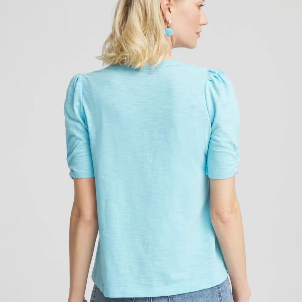 Chico's Womens Paradiso Blue Henley Shirred Sleeve Top NWT XL / sz 3 - Picture 4 of 7